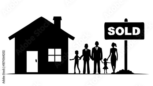 A simple, modern house silhouette with a "Sold" sign and a family standing nearby, property and real estate investment concept.