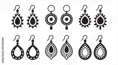 Monochrome dangling earring jewelry icon collection in flat design