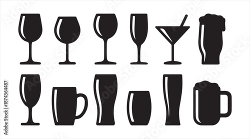 Classic beverage container and glassware icons isolated on white
