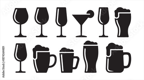 Minimal bar and restaurant drink glass symbols set in black silhouette