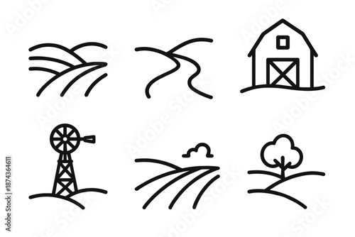 Outline Farm Landscape. Rural Discovery landscapes set in outline vector style: rolling hill, dirt path, barn outline, windmill, open field, distant tree