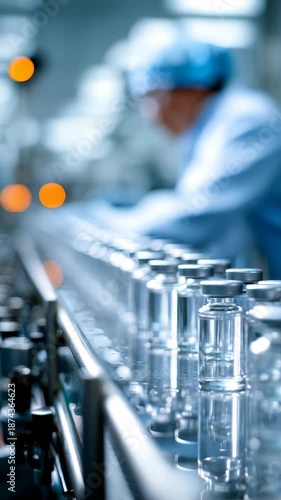 Wallpaper Mural Modern pharmaceutical manufacturing facility showcases rows of transparent vials on an automated conveyor. Laboratory technician in blue uniform maintains strict hygiene and oversees the process Torontodigital.ca