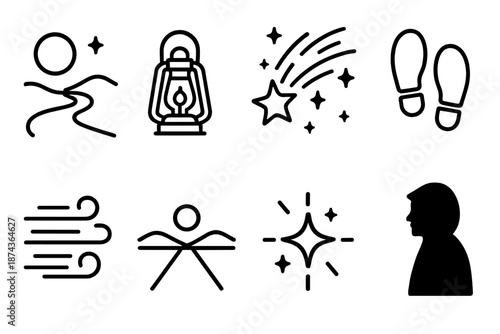 Moonlit Path Icons. Night Journey set in outline vector style: moonlit path, lantern glow, star trail, quiet footsteps, night breeze lines, distant horizon, guiding spark, silhouette figure