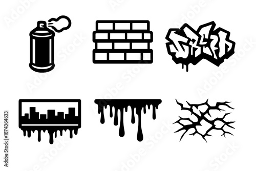 Graffiti Art Icons. Urban street artset in outline vector style spray paint can, brick wall, graffiti lettering shape, stencil template, paint drip, wall texture