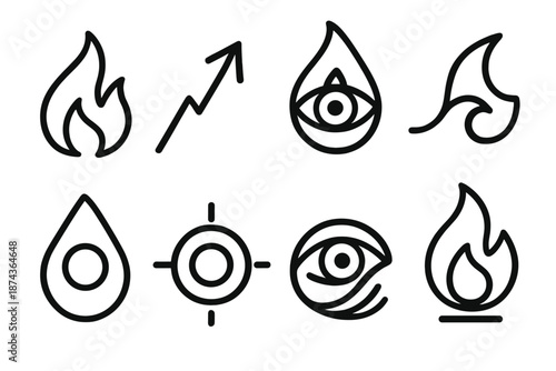 Visionary Flame Icons. Visionary Fire set in outline vector style : illuminated concept flame, upward surge line, radiant vision droplet, powerful wave arc,