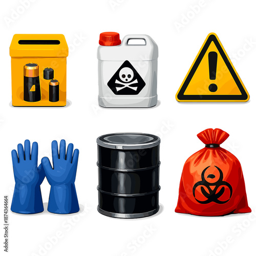 Hazardous Waste Icons. Hazardous waste handling: battery disposal box, chemical container, warning symbol, protective gloves, sealed drum, biohazard bag