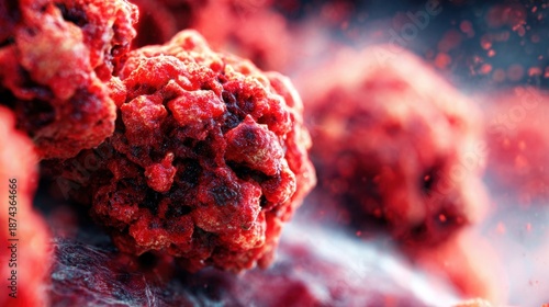 Red bacteria clusters during a close-up observation in a lab setting