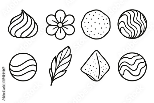 Artisanal Dessert Icons. Sweet Aesthetics set in outline vector style : airy meringue twist, pastel icing bloom, sugar-dusted shape, marble-effect treat, candy