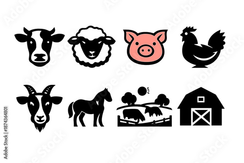 Brutalist Livestock Icons. Livestock basics icon set in silhouette bold style. Contain cow, sheep, pig, chicken, goat, horse, pasture icon, barn silhouette