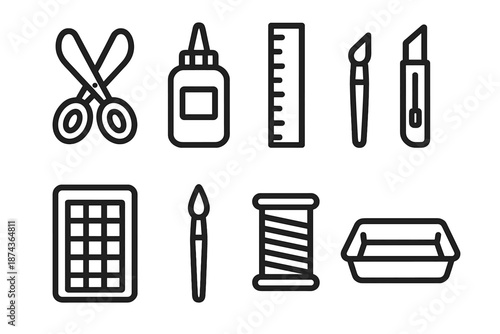 Crafting Tools Icons. Crafting Workshop set in outline vector style: scissors, glue bottle, ruler, craft knife, cutting mat, paintbrush, thread spool, crafting tray