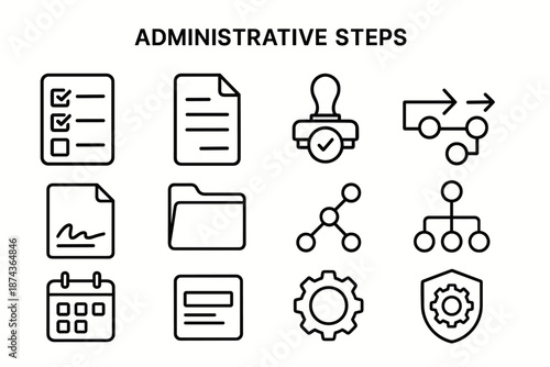 Administrative Workflow Icons. Administrative Steps set in outline vector style: checklist panel, document sheet, approval stamp, workflow arrow, signature line