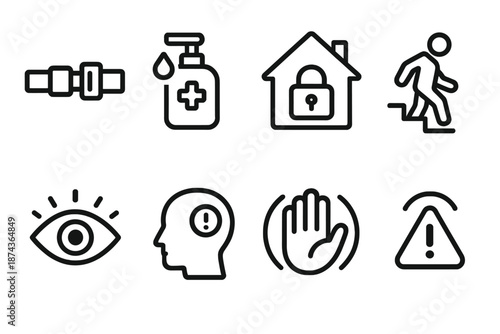 Safety Icons Collection. Daily Safety Culture set in outline vector style: seatbelt icon, sanitation bottle, home alarm, careful step symbol, visible marker,