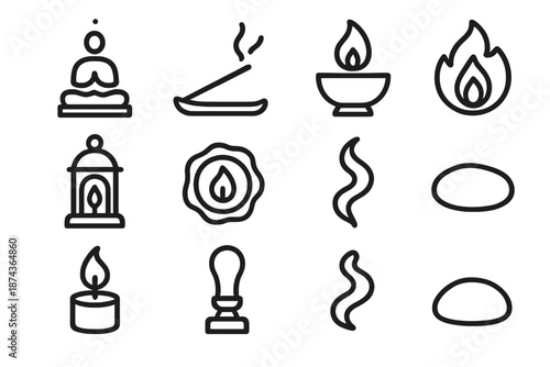 Mystical Candlelight Icons. Spiritual candlelight symbols set in outline vector style : meditation candle, incense stick, ritual bowl, flame aura, altar lantern
