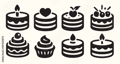 Nine Black and White Cake Icons Birthday Celebration Sweet Treats Dessert Symbols