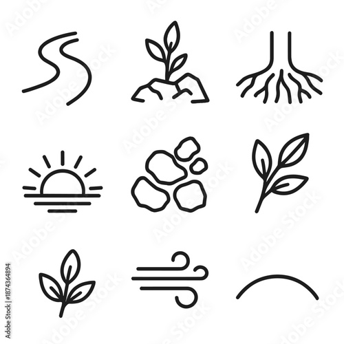 Nature's Resilience Icons. Nature Resilience Path set in outline vector style: river bend, resilient plant, rocky path, sturdy root, sunrise beam, leaf sprig, horizon arc, breeze line