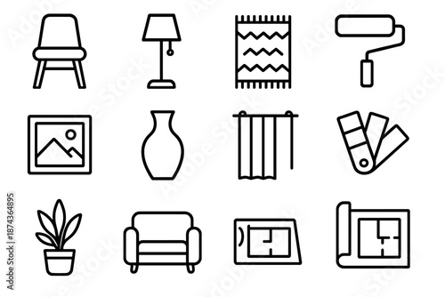 Interior Design Icons. Interior Designset in outline vector style chair, lamp, rug, table, paint roller, frame, vase, curtain, color swatch, plant, sofa, blueprint