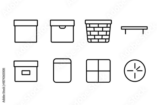 Minimalist Organization Icons. Minimal Organization set in outline vector style: simple box, clean drawer, neutral basket, linear shelf, subtle label, smooth container, minimal grid, clarity symbol