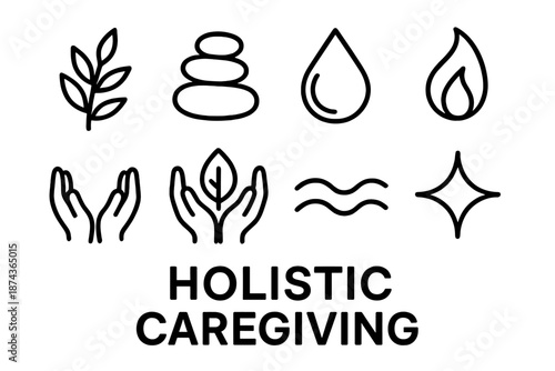Holistic Caregiving Icons. Holistic Caregiving set in outline vector style: herbal sprig, balanced stones, clarity droplet, wellness flame, open hands, nurturing leaf, calm wave, renewal spark