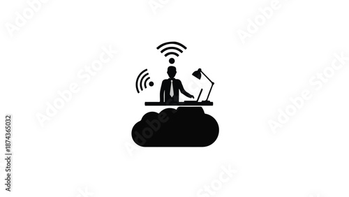 Remote worker on cloud with laptop and lamp