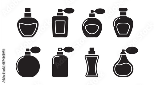 Monochrome perfume bottle icon collection for beauty and fragrance design