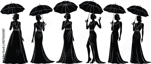 Elegant women with umbrellas silhouette, fashion pose set, black vector illustration, editable design, isolated graceful style icons