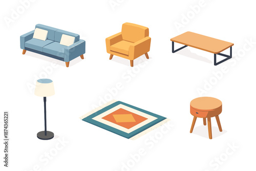 Isometric Furniture Icons. Home furniture set in isometric flat vector : sofa, armchair, coffee table, floor lamp, rug, side table
