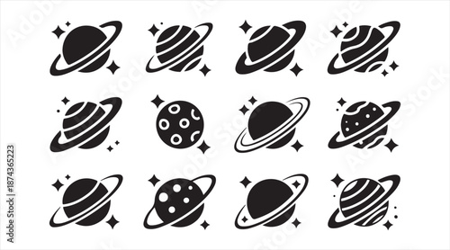 Monochrome planet symbols icon collection for space and astronomy themes