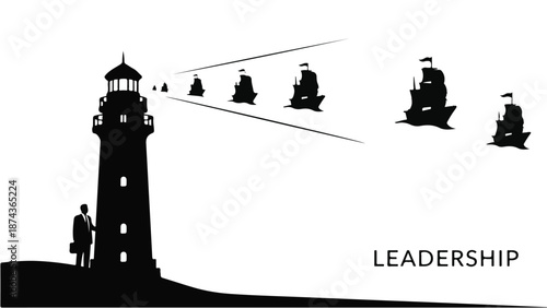 Businessman standing beside lighthouse guiding team to success