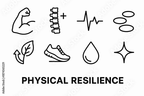 Symbols of Strength. Physical Resilience set in outline vector style: flexed arm silhouette, strong spine symbol, pulse line, stepping stones, recovery leaf,