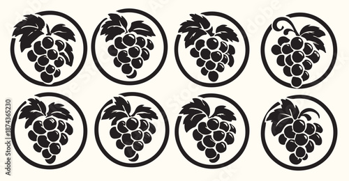 Nine Black and White Grape Clusters in Circular Frames Stylized Fruit Icons Set Design Elements