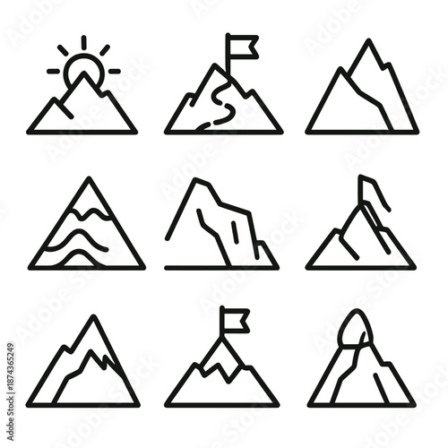 Mountain Icon Set. Apex Summit set in outline vector style: mountain peak, ascent path, flag marker, high ridge, rising sun, cliff edge, altitude lines, pinnacle stone