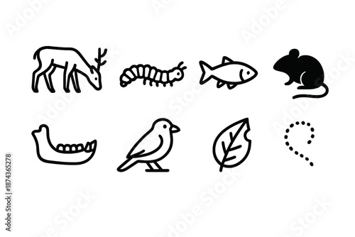 Primary Consumers Icons. Primary Consumers set in outline vector style: grazing deer, caterpillar, small fish, rodent silhouette, herbivore jaw icon, seed eater bird, leaf nibble mark, forage path