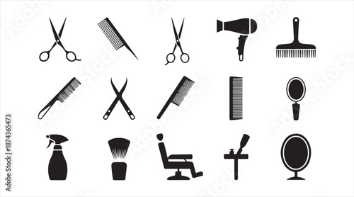 Monochrome hairdressing and barber equipment icon set in flat style