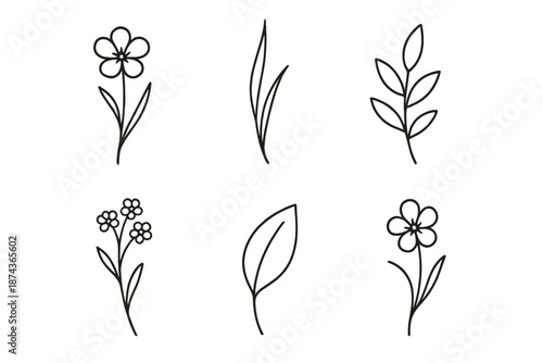 Meadow Flora Icons. Meadow flora set in outline vector style : dainty blossom, slender grass blade, leafy sprig, bloom cluster, meadow leaf, soft curve stem