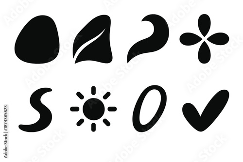 Soft Brutalist Icons. Soft Elegance icon set in silhouette bold style. Contain smooth stone, gentle fold, silky shape, quiet flare, curved line, tender glow, airy loop, serene mark