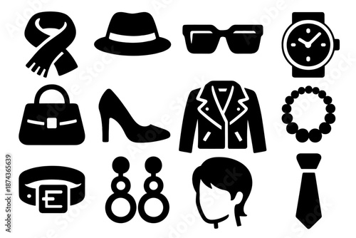 Brutalist Fashion Icons. Personal Style icon set in silhouette bold style. Contain scarf, hat, sunglasses, watch, handbag, shoes, jacket, necklace, belt, earrings, hairstyle, tie