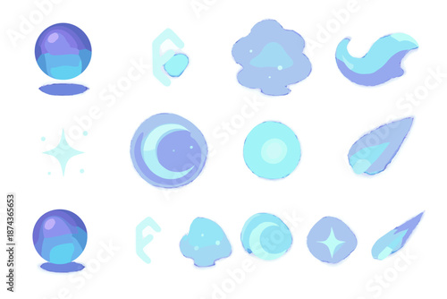 Mystic Radiance Icons. Mystic radiance pieces set in isometric flat vector : floating orb, rune-like glow mark, fog shimmer, aura wave, spark fleck, moonlit ring, soft flare point, radiant streak