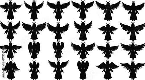 Angel silhouette collection, heavenly guardian figures set, black vector illustration, religious spiritual icons, wings halo design, isolated on white background