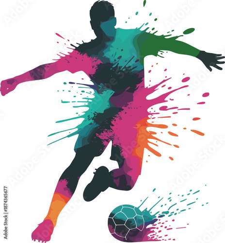 Soccer player silhouette with colorful paint splash, football action illustration, dynamic sports concept, modern abstract design, isolated background