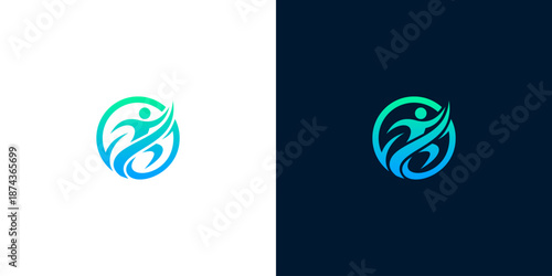 Abstract dynamic human figure logo design with green and blue gradient colors on white and dark backgrounds