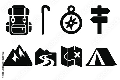 Brutalist Journey Icons. Journey icon set in silhouette bold style. Contain hiking backpack, walking stick, compass, trail sign, mountain peak, river, map, tent