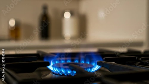 Close-up of an intense blue stove flame symbolizing domestic gas usage and rising energy prices. Close-up of burning stove flame – concept of rising kitchen gas prices