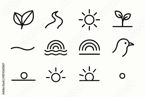 Nature Icons Harmony. Nature Balance & Harmony set in outline vector style: paired leaves, stream bend, airy curve, sunlight beam, sprout duo, grounded line,