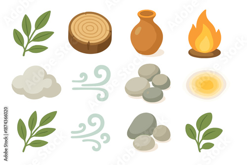 Isometric Nature Icons. Nature evening retreat elements set in isometric flat vector : leaf sprig, wood slice, ceramic vase, warm flame, soft cloud, breeze curl, pebble cluster, glow patch
