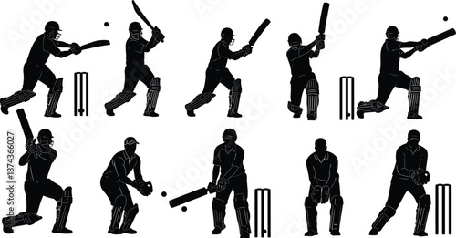 Cricket, batsman, silhouettes, set, batting, action, poses, sports, vector, illustration, black, isolated, player, training, match, equipment, dynamic, motion, collection, stock