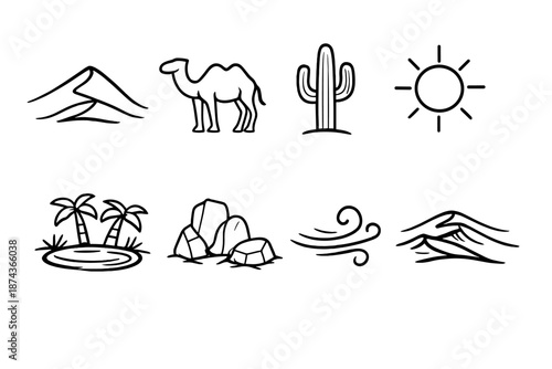 Desert Icon Collection. Dunesset in outline vector style sand dune, desert camel, cactus, sun, oasis, desert rock, wind swirl, dune ridge