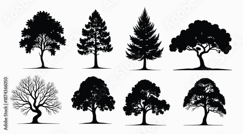 collection of eight distinct tree silhouettes against