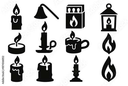 Bold Candlelight Icons. Candlelit evening essentials icon set in silhouette bold style. Contain wax candle, candle snuffer, matchbox, lantern, tealight, candleholder, melting wax pot, decorative flame