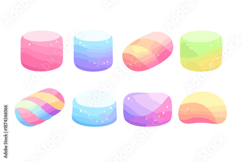 Vibrant Marshmallow Icons. Abstract marshmallows vector set in modern flat style : rounded block, soft gradient shape, cushion curve, smooth edge icon, minimal