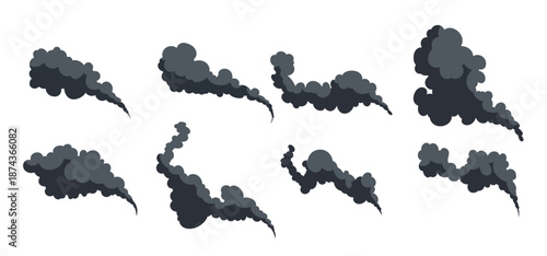 collection of nine stylized dark gray smoke plumes rising
